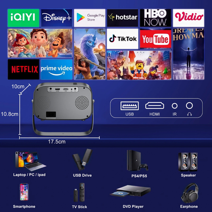 Strevolo | Mini proiettore con Wi-Fi e Bluetooth, riproduzione 4K e telecomando