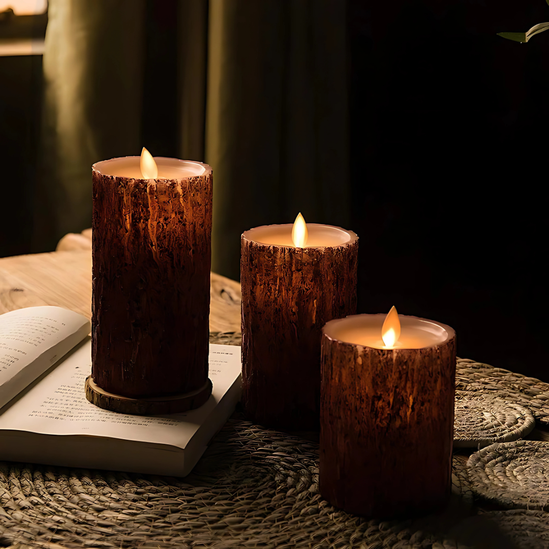 Flickora | LED Kerzen mit Flackereffekt und Seilumwicklung, 3er Set