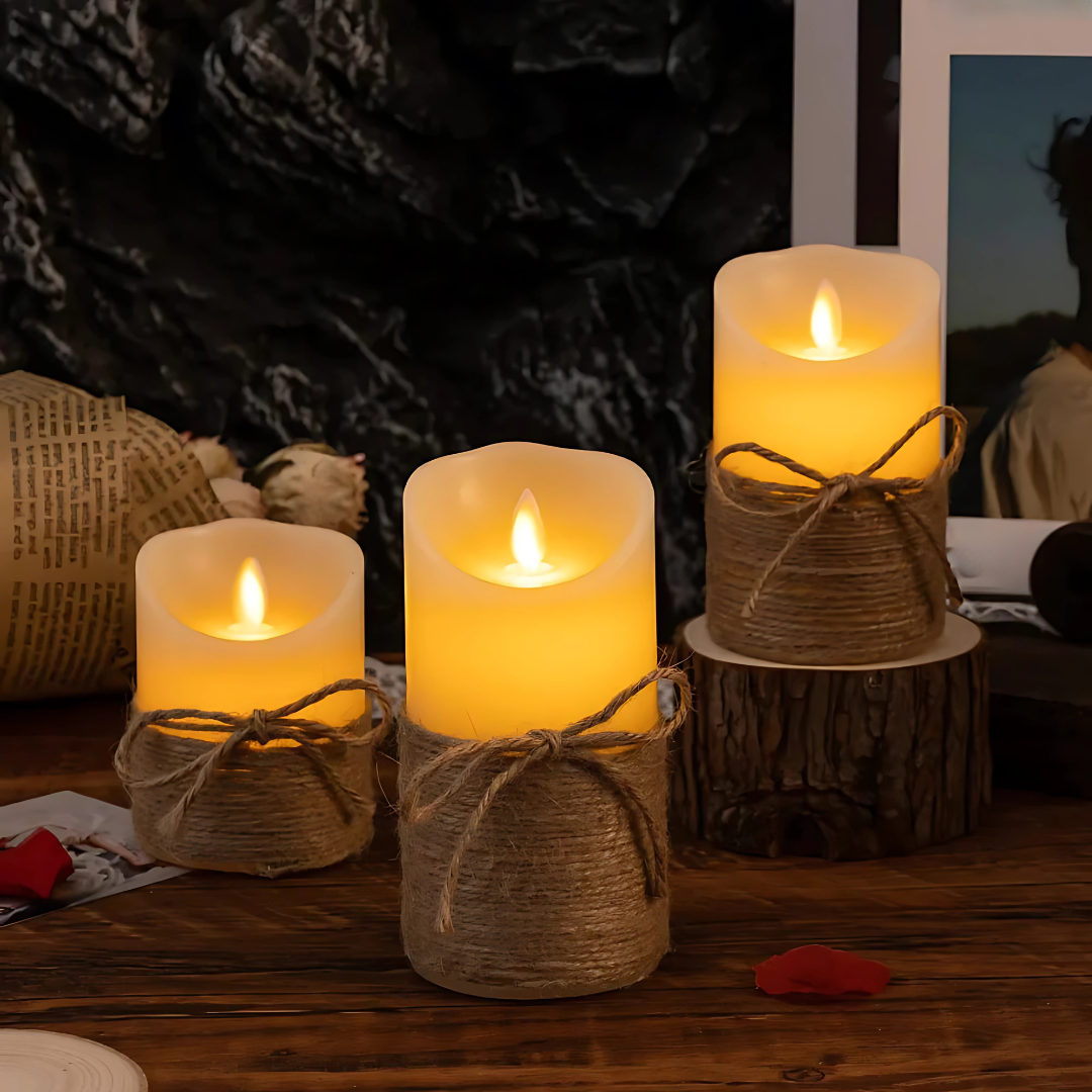 Flickora | LED Kerzen mit Flackereffekt und Seilumwicklung, 3er Set