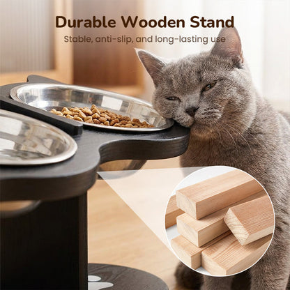 PawFeast | Höhenverstellbarer Futternapf aus Holz mit 3 Edelstahlschalen