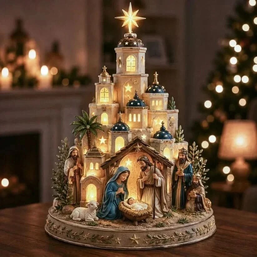 Bethlia | Beleuchtete Weihnachtskrippe mit Figuren, 15 cm für Tisch und Fensterbank