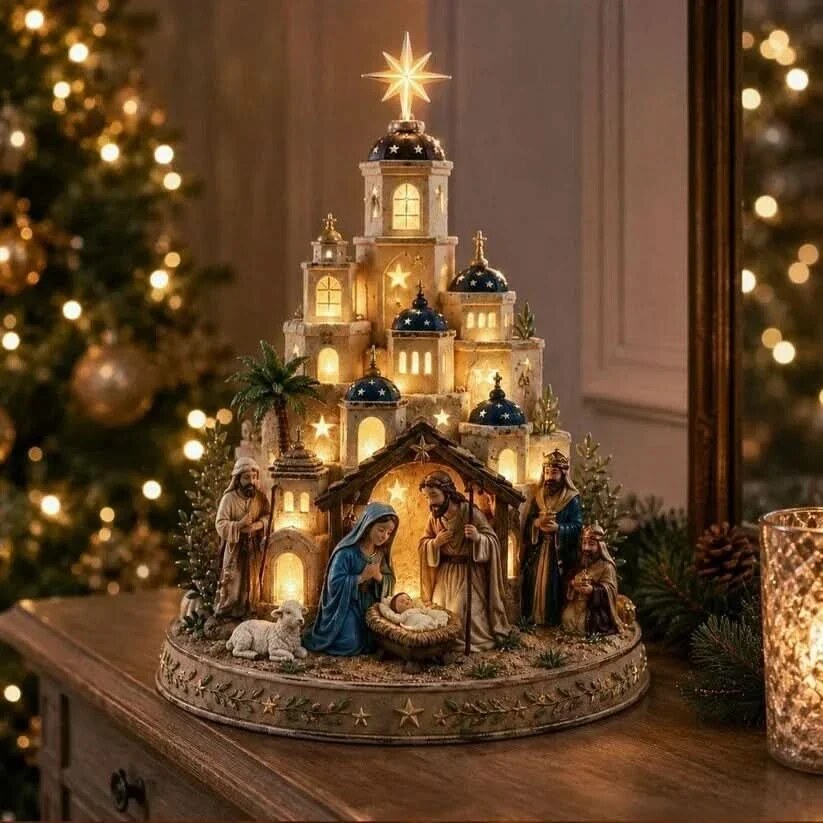 Bethlia | Beleuchtete Weihnachtskrippe mit Figuren, 15 cm für Tisch und Fensterbank