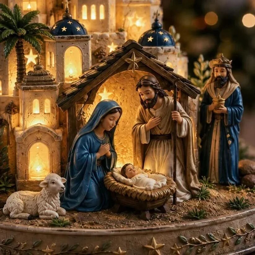 Bethlia | Beleuchtete Weihnachtskrippe mit Figuren, 15 cm für Tisch und Fensterbank
