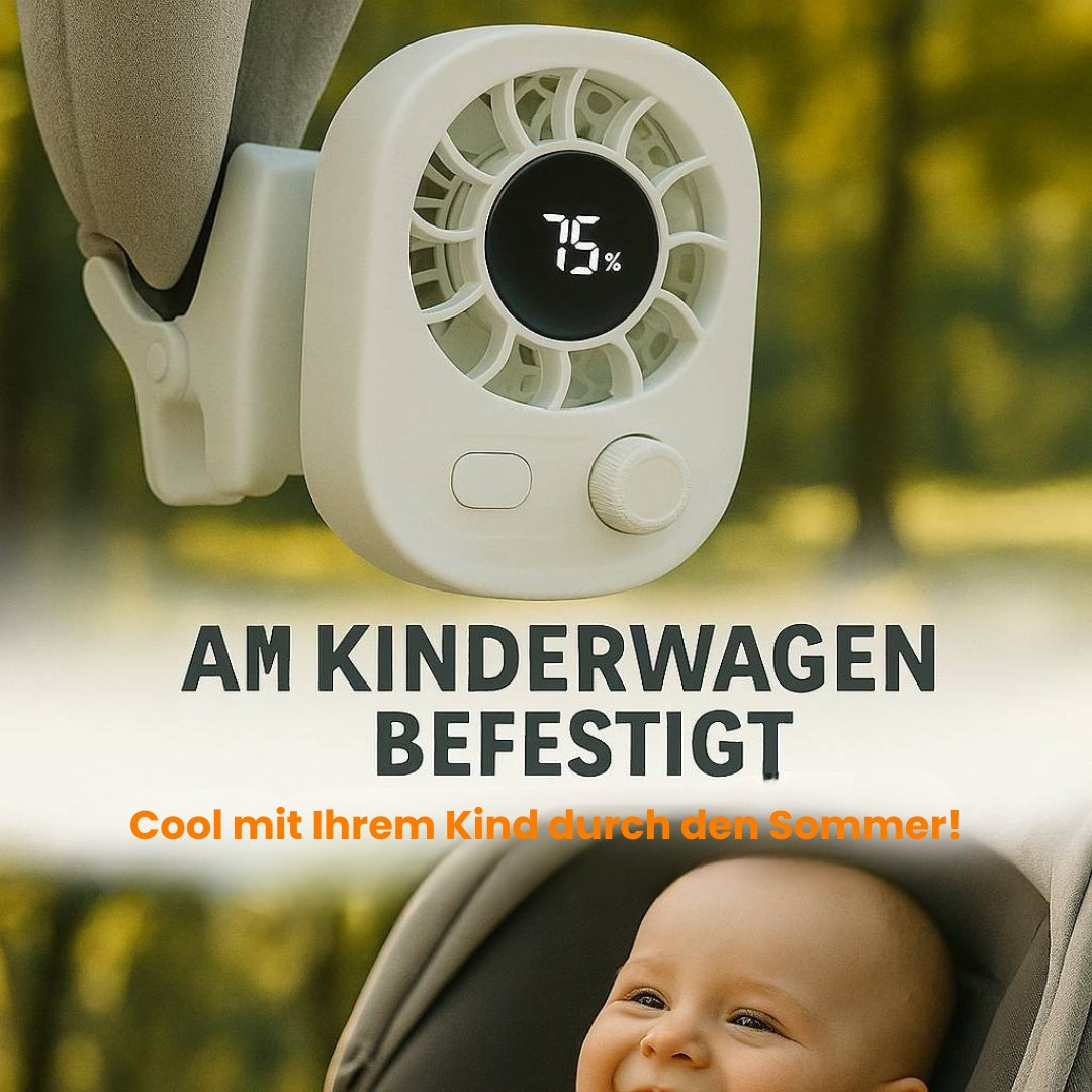 Mini Clip Ventilator mit Akku | Leiser Kinderwagen Ventilator mit 100 Stufen, 360° Rotation & USB C | KühlBuddy