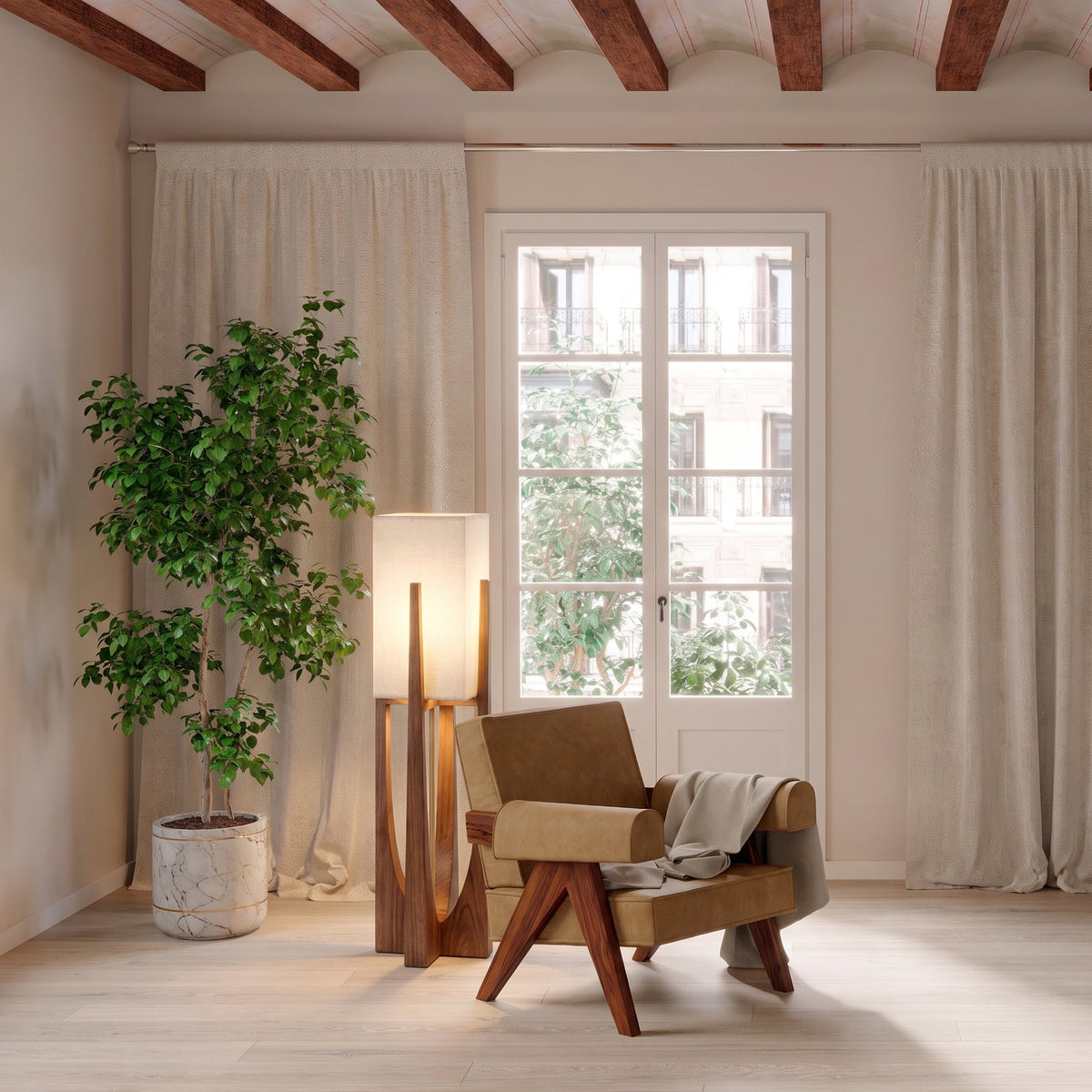 Tenvori | Stehlampe mit Stoffschirm und Holzfuß im Wabi-Sabi-Stil, E27