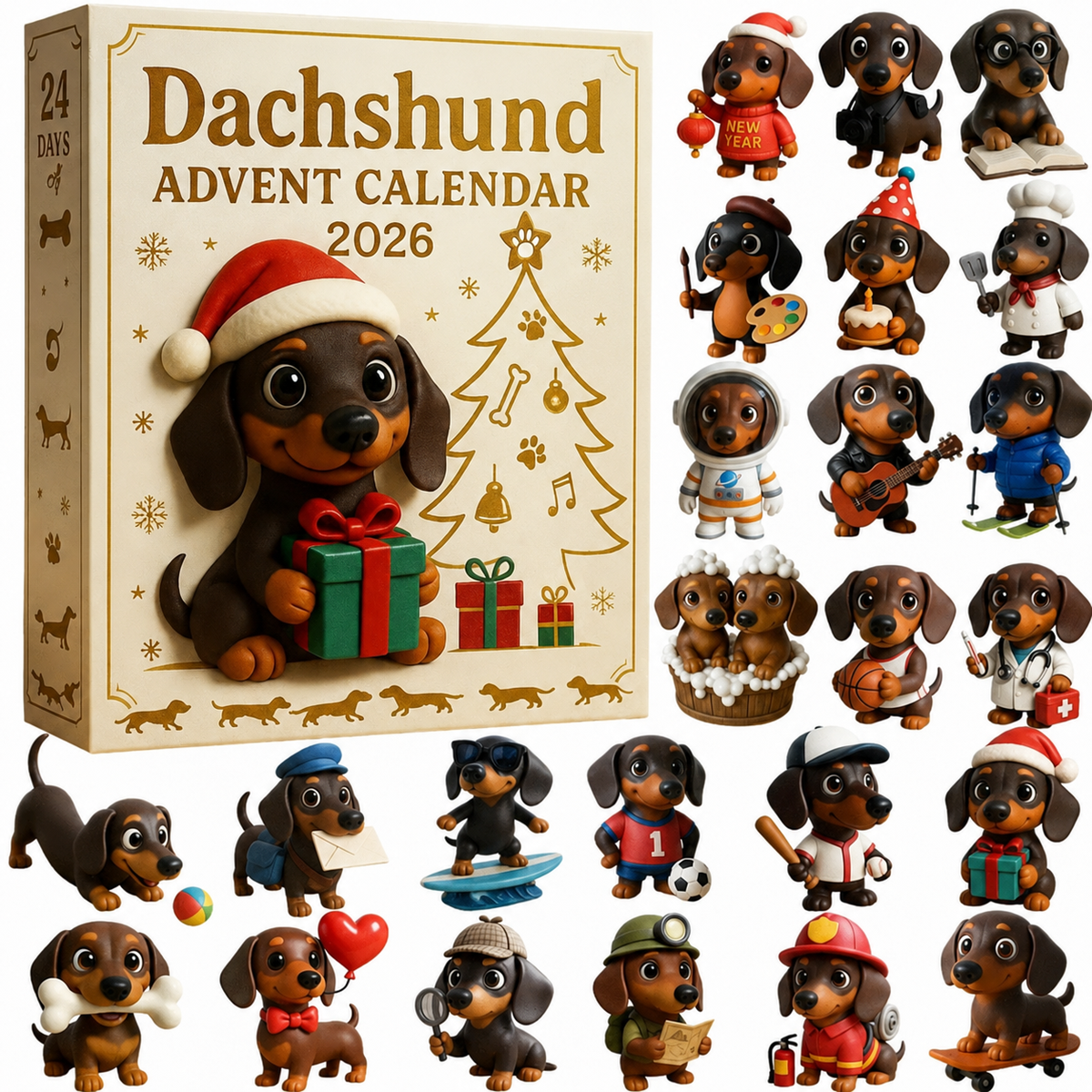 Dachsino | Calendario de Adviento de dachshund con 24 figuras coleccionables