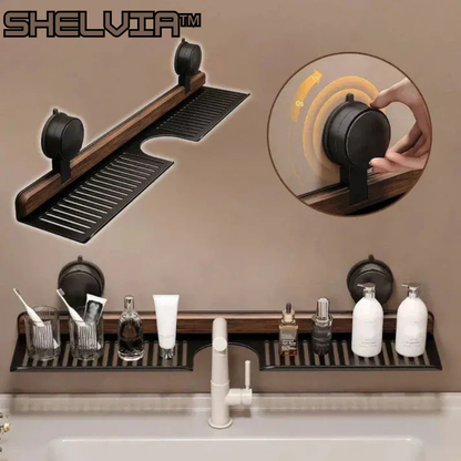 Shelvia | Mensola per lavello con ventosa, in legno di noce e alluminio