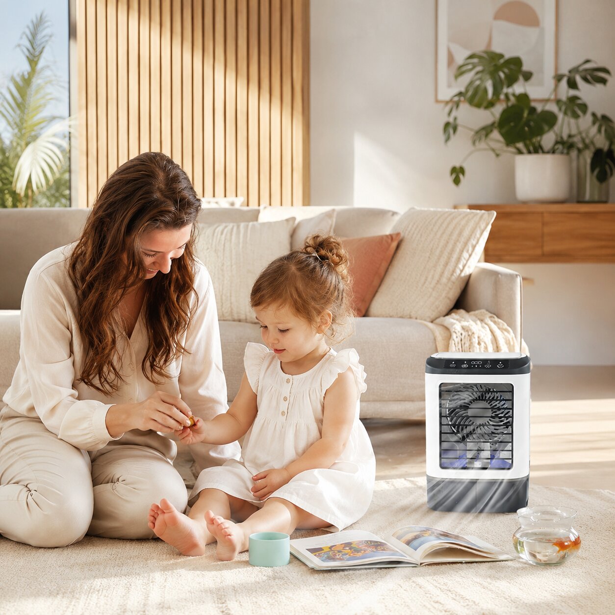 Portable air cooler with water mist | USB evaporative cooler with 900 ml tank, 3 speeds & LED light | MistCrown