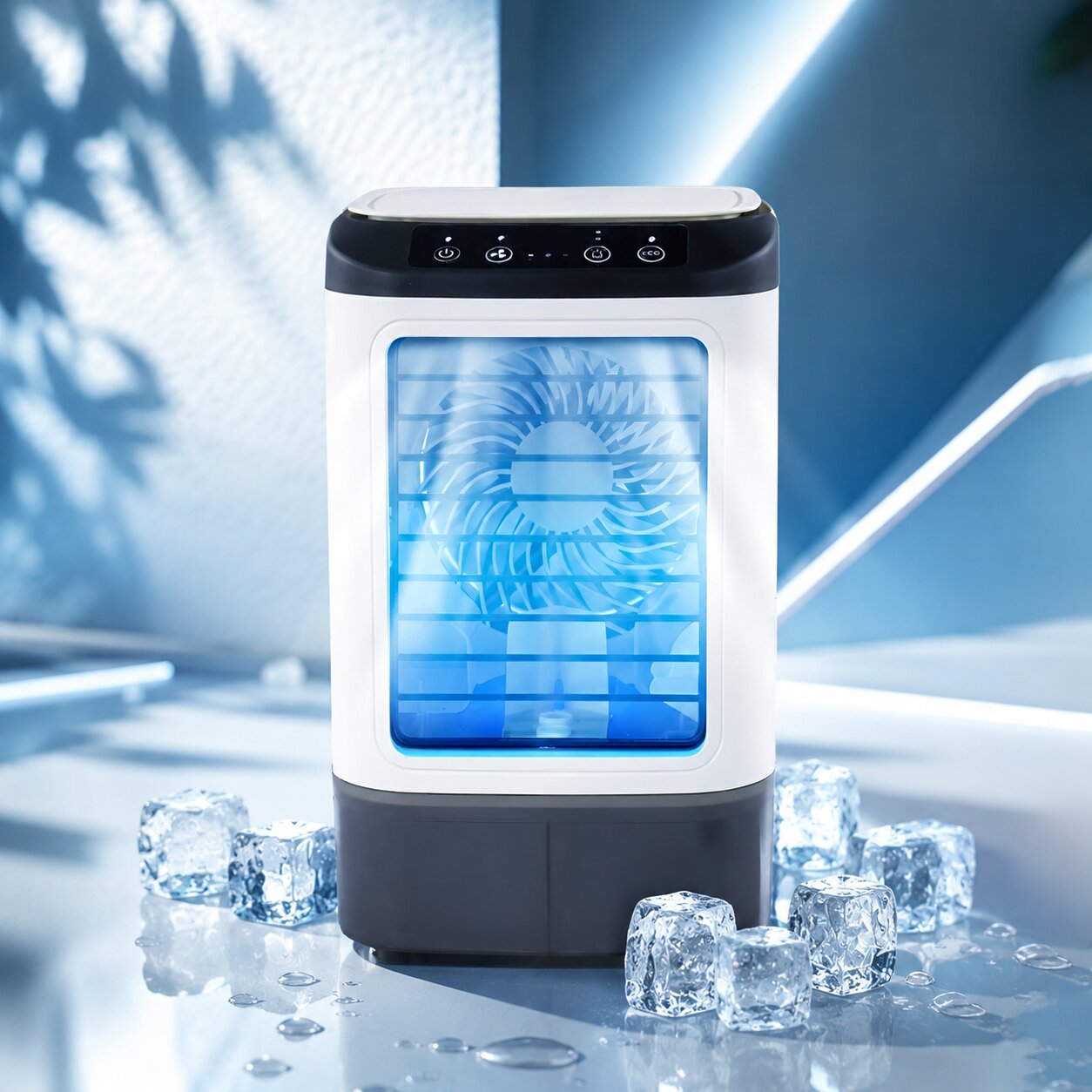 Portable air cooler with water mist | USB evaporative cooler with 900 ml tank, 3 speeds & LED light | MistCrown