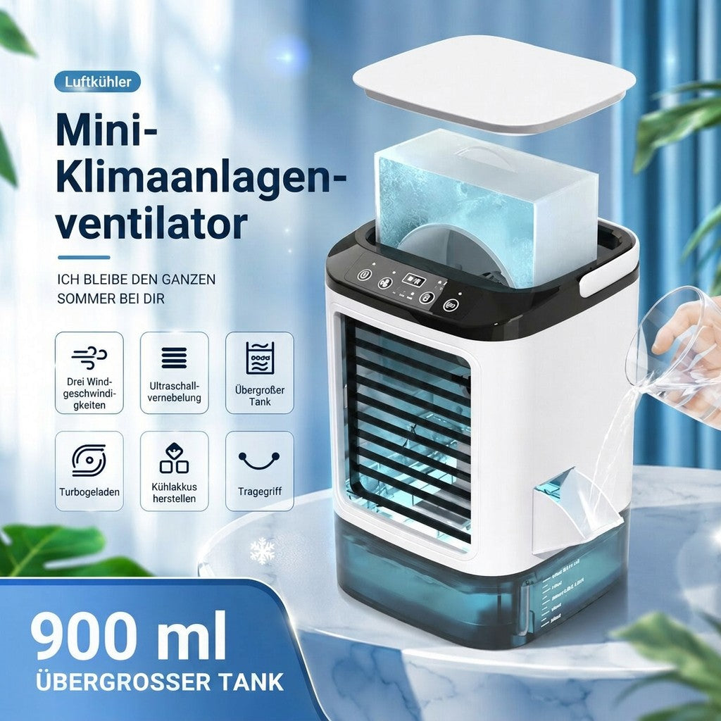 Portable air cooler with water mist | USB evaporative cooler with 900 ml tank, 3 speeds & LED light | MistCrown