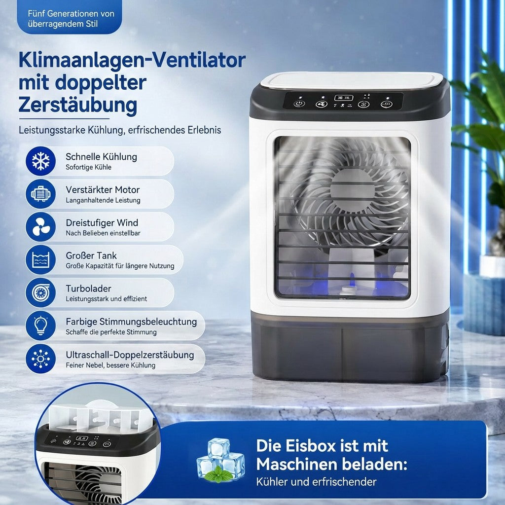 Portable air cooler with water mist | USB evaporative cooler with 900 ml tank, 3 speeds & LED light | MistCrown
