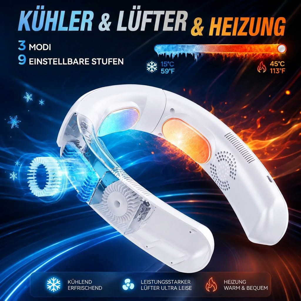 Ventilatore da collo con funzione di raffreddamento e riscaldamento | Ventilatore portatile da collo con 9 livelli e batteria da 6000 mAh | Climavell