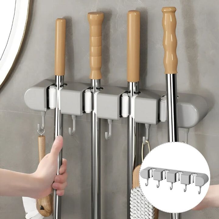 Ordivo | Soporte de pared adhesivo para escobas y fregonas con ganchos