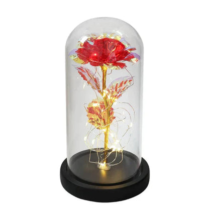 Rosalune | Ewige Rose im Glasdom mit warmweißem LED-Licht und Holzsockel