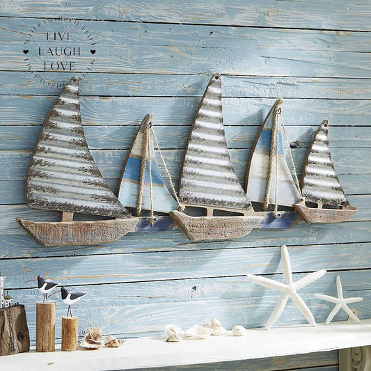 Maristo | Maritime Wanddeko Segelboote aus Holz und Metall, 64 cm