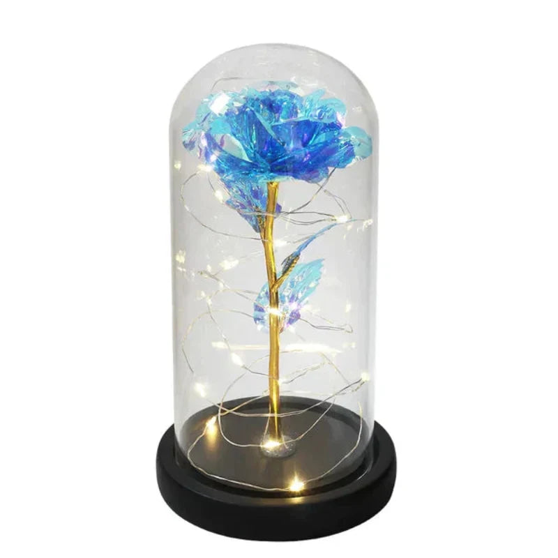 Rosalune | Ewige Rose im Glasdom mit warmweißem LED-Licht und Holzsockel
