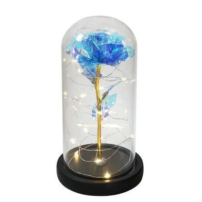 Rosalune | Ewige Rose im Glasdom mit warmweißem LED-Licht und Holzsockel