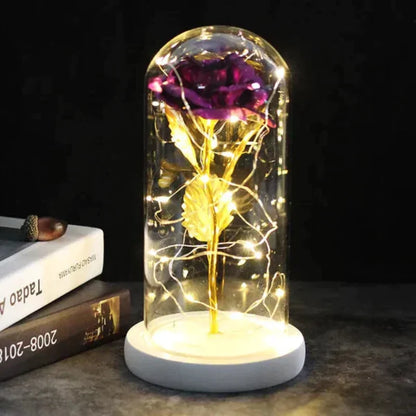 Rosalune | Ewige Rose im Glasdom mit warmweißem LED-Licht und Holzsockel