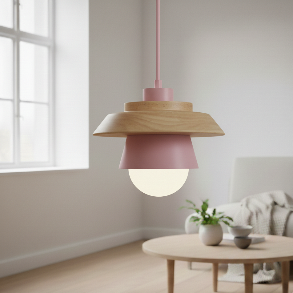 ScandiGlow Lampada a sospensione – Lampada a sospensione LED scandinava in legno e metallo dal design Macaron