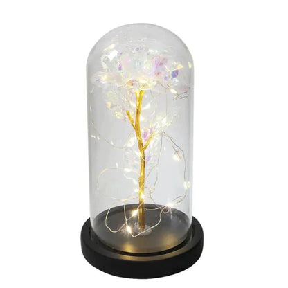 Rosalune | Ewige Rose im Glasdom mit warmweißem LED-Licht und Holzsockel
