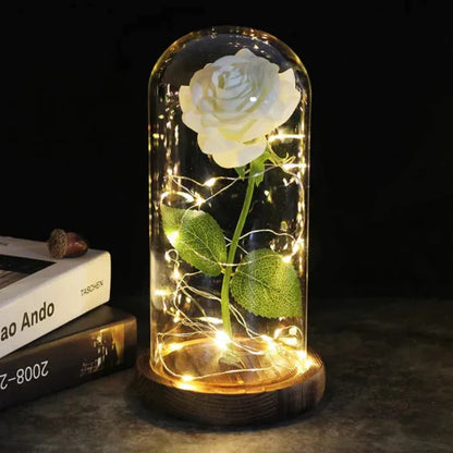 Rosalune | Ewige Rose im Glasdom mit warmweißem LED-Licht und Holzsockel