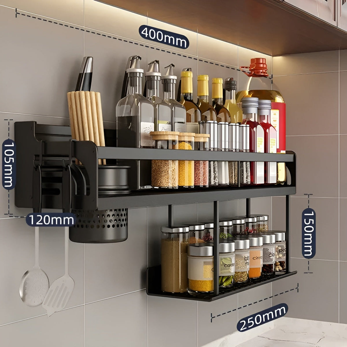Kuvaro | Estante de pared para cocina de acero inoxidable con ganchos y soporte para cuchillos