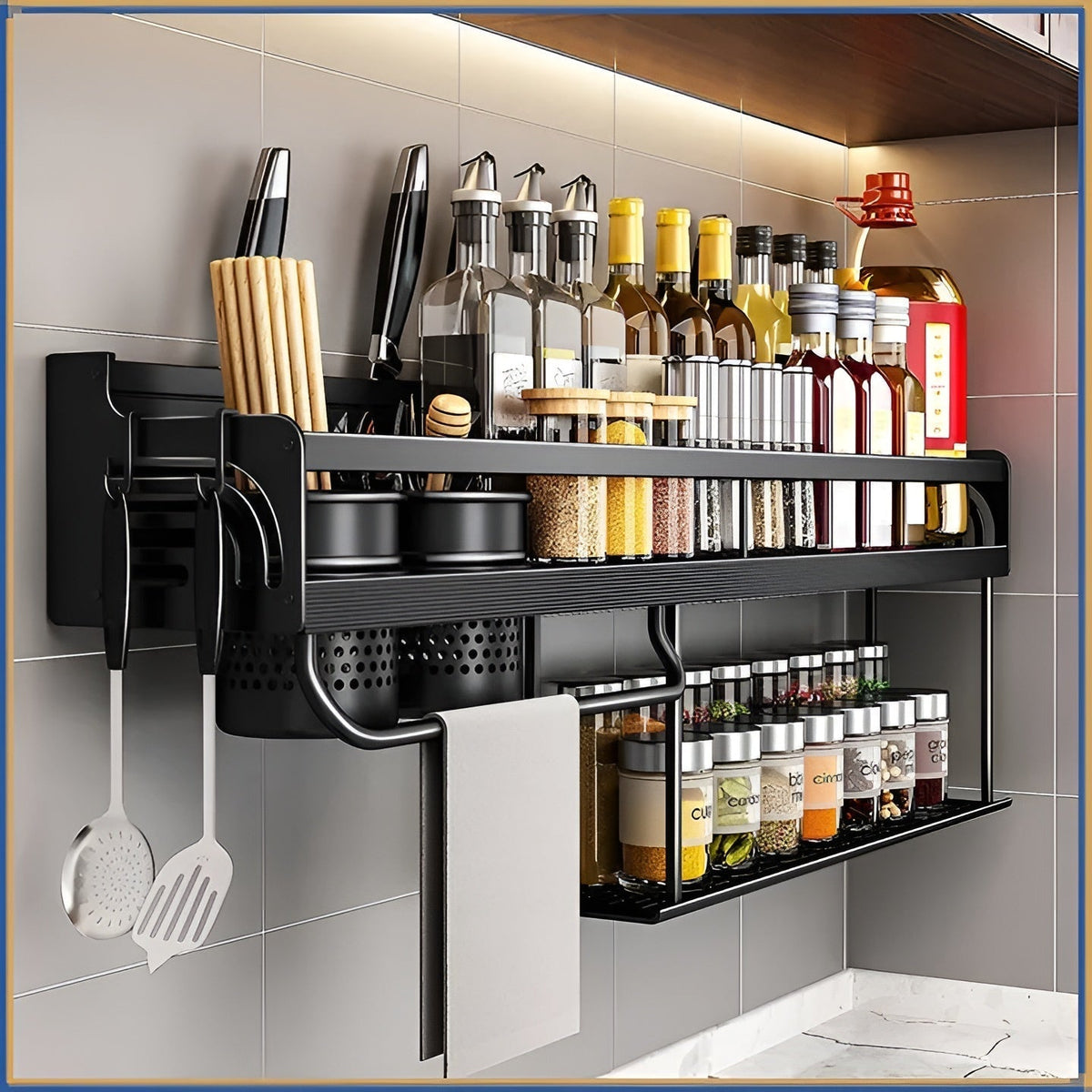 Kuvaro | Estante de pared para cocina de acero inoxidable con ganchos y soporte para cuchillos