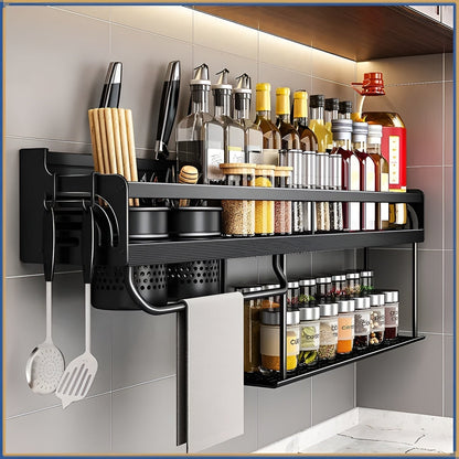 Kuvaro | Estante de pared para cocina de acero inoxidable con ganchos y soporte para cuchillos