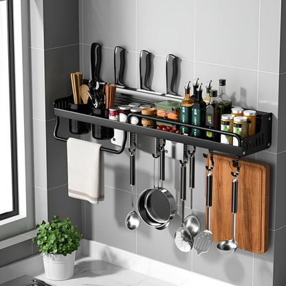 Kuvaro | Estante de pared para cocina de acero inoxidable con ganchos y soporte para cuchillos