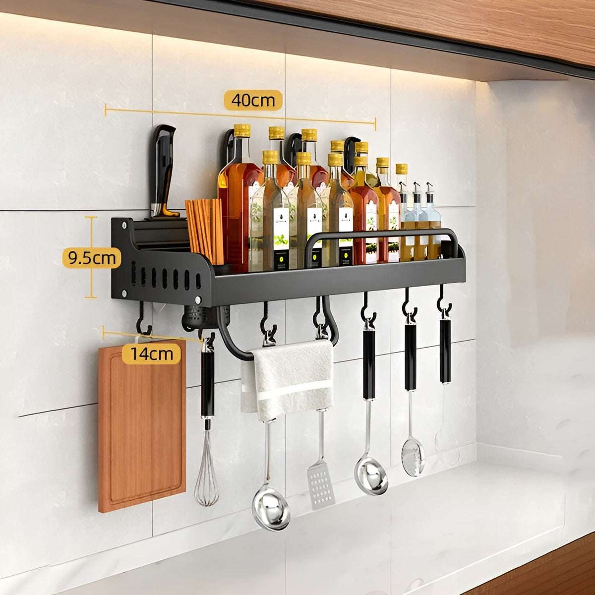 Kuvaro | Estante de pared para cocina de acero inoxidable con ganchos y soporte para cuchillos