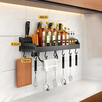 Kuvaro | Estante de pared para cocina de acero inoxidable con ganchos y soporte para cuchillos