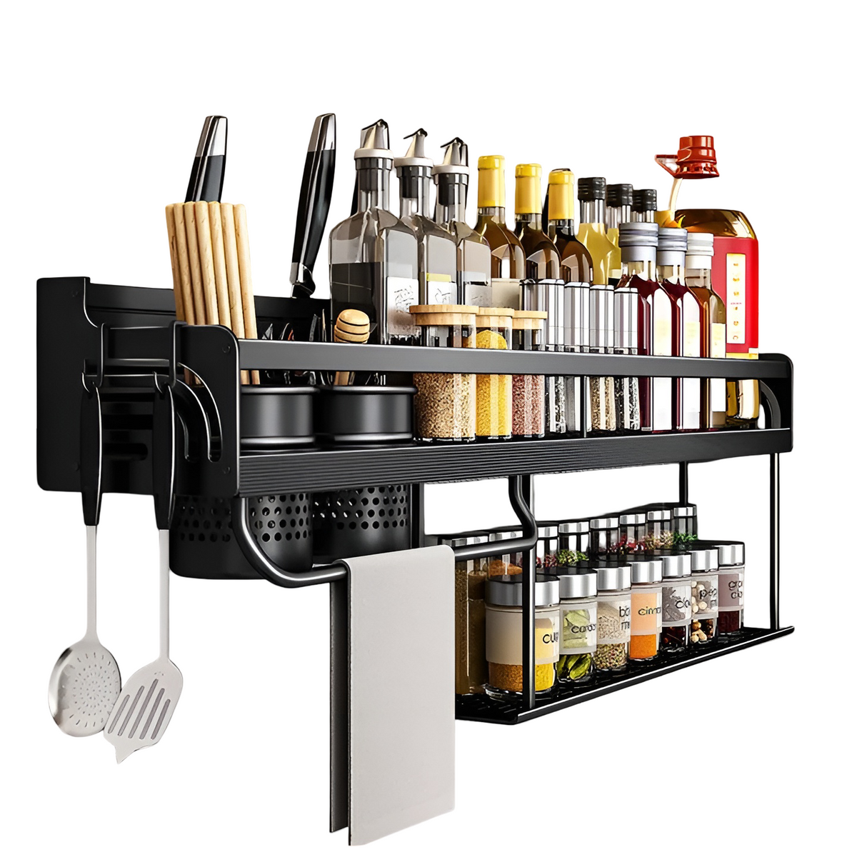 Kuvaro | Estante de pared para cocina de acero inoxidable con ganchos y soporte para cuchillos