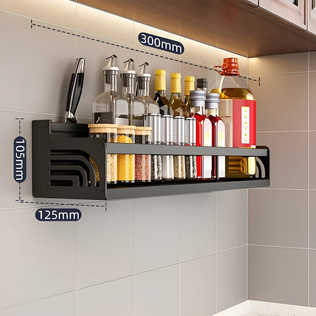 Kuvaro | Estante de pared para cocina de acero inoxidable con ganchos y soporte para cuchillos