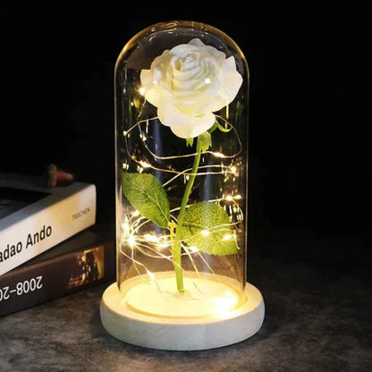 Rosalune | Ewige Rose im Glasdom mit warmweißem LED-Licht und Holzsockel
