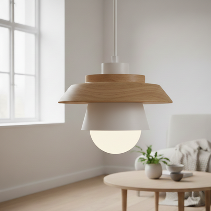 ScandiGlow Lampada a sospensione – Lampada a sospensione LED scandinava in legno e metallo dal design Macaron