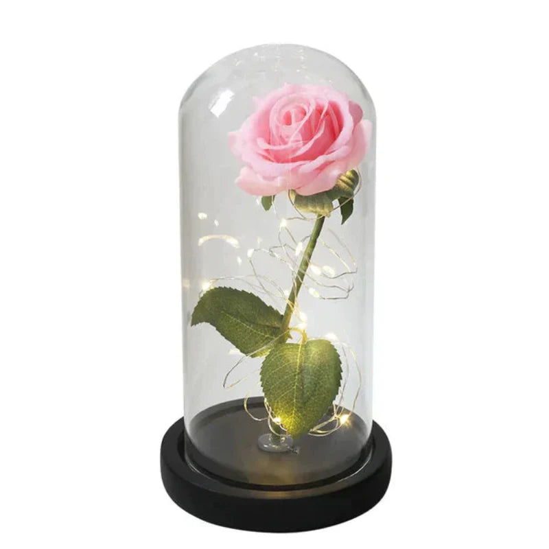 Rosalune | Ewige Rose im Glasdom mit warmweißem LED-Licht und Holzsockel