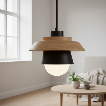ScandiGlow Lampada a sospensione – Lampada a sospensione LED scandinava in legno e metallo dal design Macaron